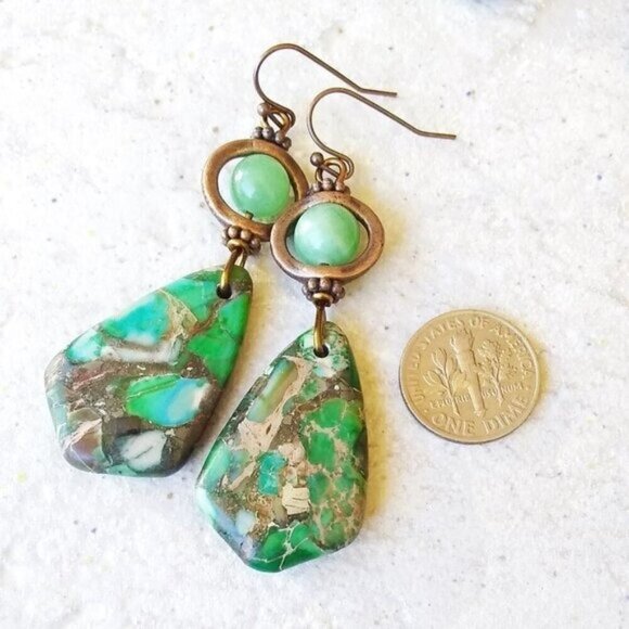 Big Bold & Bodacious! OOAK! Green Sea Sediment Jasper & Copper Dangle Earrings - Picture 1 of 6